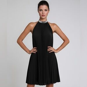 Black Sequin Pleated Detail Halter Neck Dress